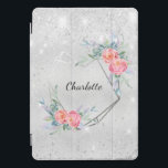 Silver pink florals glitter name iPad pro cover<br><div class="desc">A faux silver looking background. Decorated with faux glitter. A geometric shaped heart decorated with pink flowers and greenery.  Personalise and add a name. The name is written with a modern hand lettered script.</div>