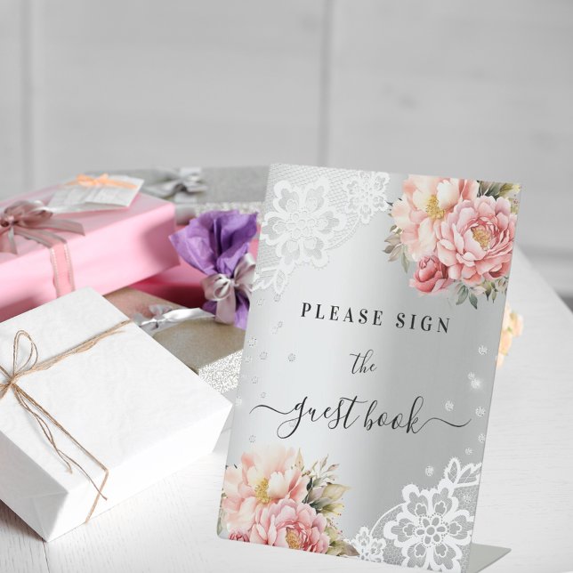 Silver pink florals lace guest book sign (Creator Uploaded)