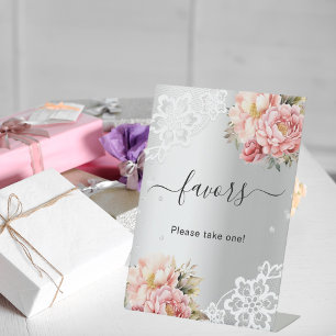 Silver pink florals lace guest favour sign
