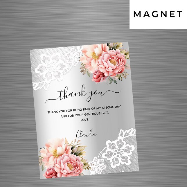 Silver pink florals lace thank you card magnet (Creator Uploaded)