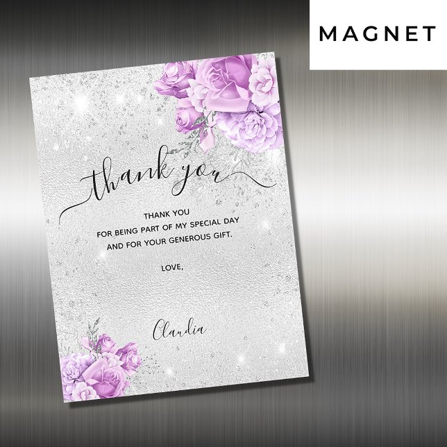 Silver pink florals thank you magnetic card (Creator Uploaded)