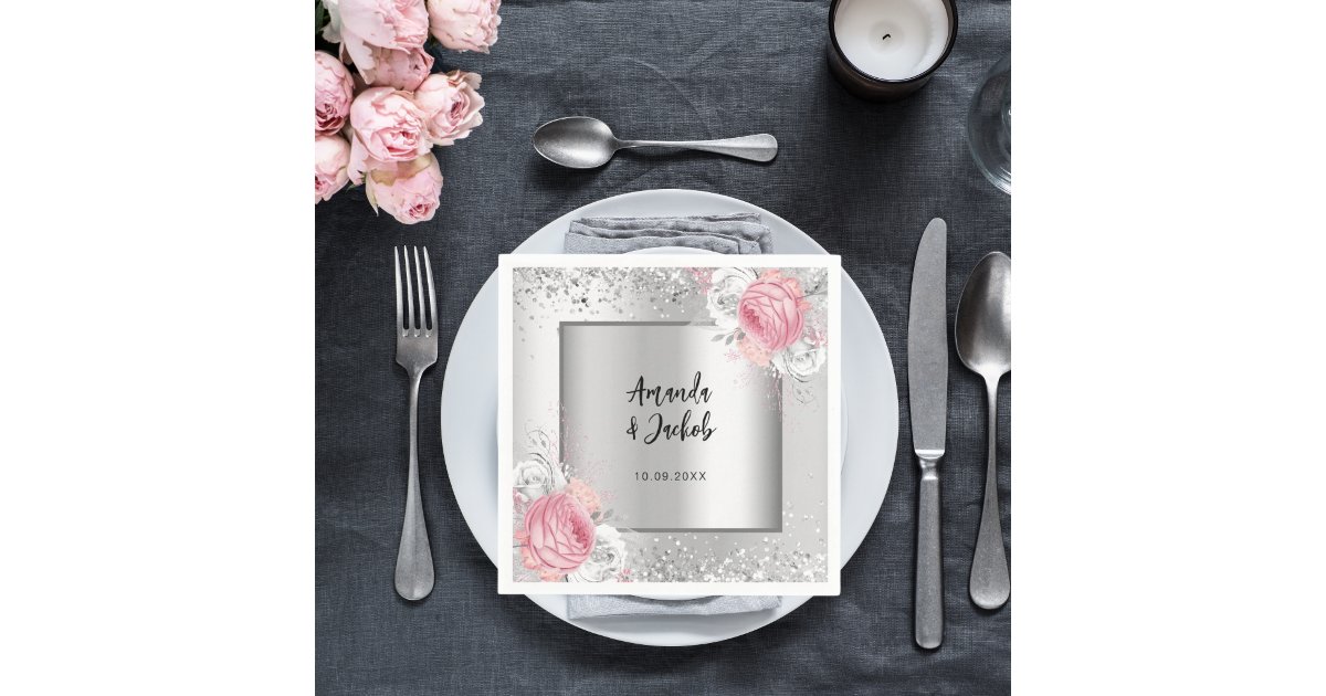 Silver Pink Florals Wedding Napkin 