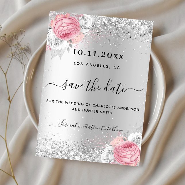 Silver pink florals wedding save the date (Creator Uploaded)