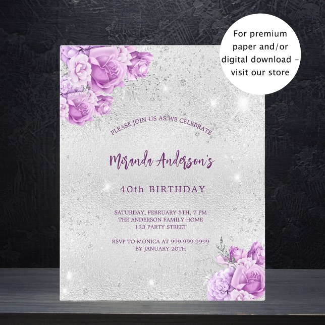 Silver pink flowers budget birthday invitation flyer (Creator Uploaded)