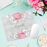 Silver pink flowers glitter name script mouse pad<br><div class="desc">A feminine mouse pad for your office. A classic faux silver looking background. Decorated with pink and white roses, florals and faux silver glitter, sparkles. Personalise and add your name. The name is written with a modern hand lettered style script with swashes. To keep the swashes only delete the sample...</div>