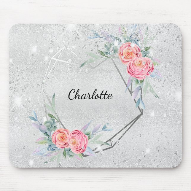 Silver pink flowers roses name mouse pad (Front)