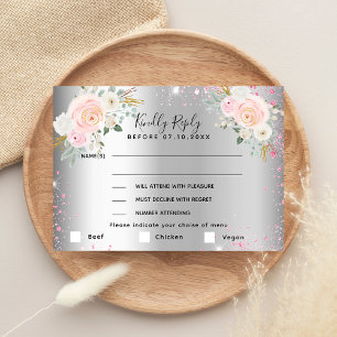 Silver pink flowers wedding menu RSVP