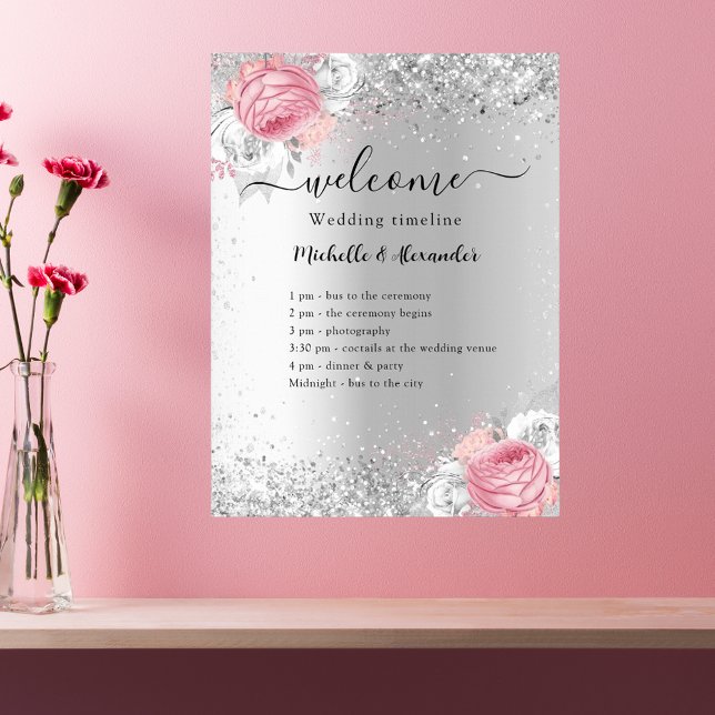 Silver pink flowers wedding program poster (Creator Uploaded)