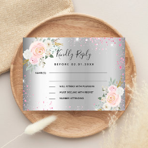 Silver pink flowers wedding response RSVP Card