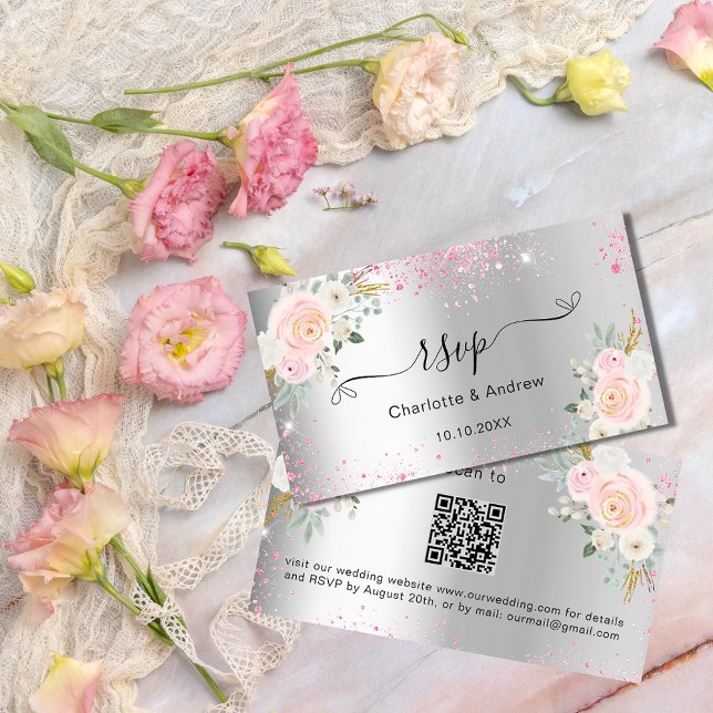 Silver pink flowers wedding website RSVP QR code Enclosure Card (Creator Uploaded)