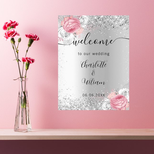 Silver pink flowers wedding welcome sign (Creator Uploaded)