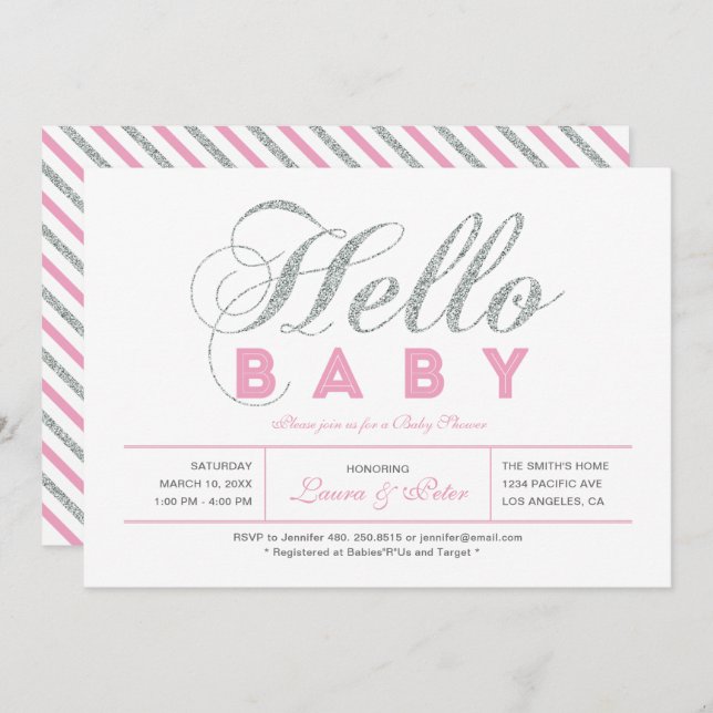 Silver & Pink | Girl, Chic Typography Baby Shower Invitation (Front/Back)