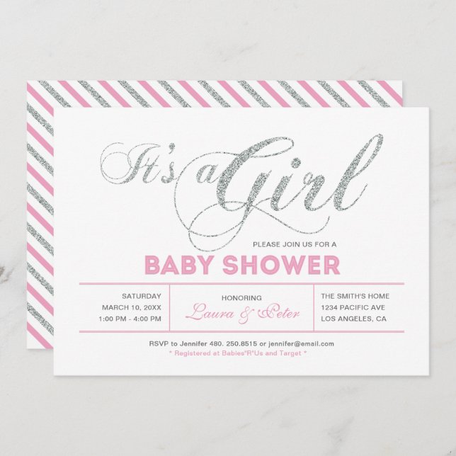 Silver & Pink | Girl, Chic Typography Baby Shower Invitation (Front/Back)