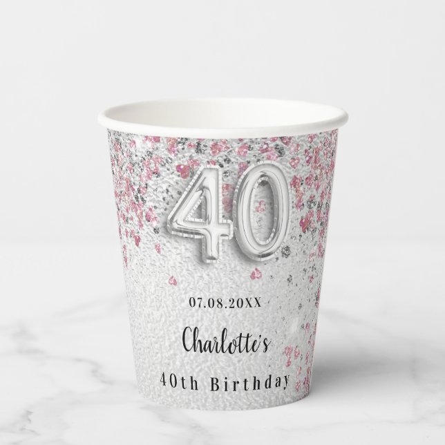 Silver pink glitter 40th birthday paper cups (Back)