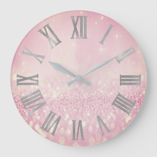 Silver Pink Glitter Blush Metallic Roman Numers Large Clock (Front)