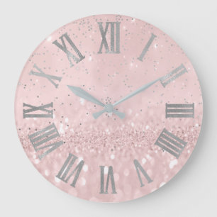 Silver Pink Glitter Cpnfetti Metallic Roman Numers Large Clock