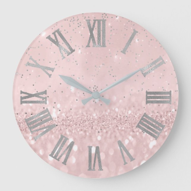 Silver Pink Glitter Cpnfetti Metallic Roman Numers Large Clock (Front)