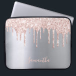 Silver pink glitter drip metallic name girly laptop sleeve<br><div class="desc">An elegant,  girly and glam ipad case. Faux rose gold and pink glitter drip,  paint drip.  Chic faux silver metallic looking background. Insert your name,  written with a modern hand lettered style script. Rose gold,  pink coloured letters.</div>