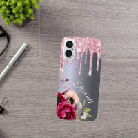 Silver pink glitter drips floral name script