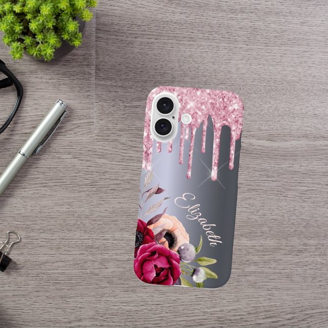Silver pink glitter drips floral name script Case-Mate iPhone case (Creator Uploaded)