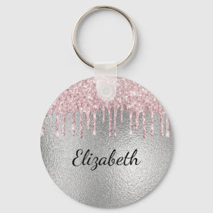 Silver pink glitter drips metal monogram name  key ring