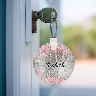 Silver pink glitter drips metal monogram name  key ring