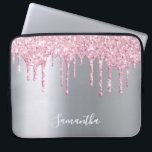 Silver pink glitter drips name girly laptop sleeve<br><div class="desc">An elegant,  girly and glam ipad case. Pink faux glitter drip,  paint drip.  Chic faux silver looking background. Insert your name,  written with a modern hand lettered style script.  White coloured letters.</div>