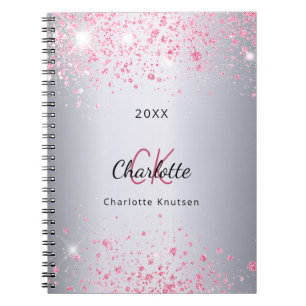 Silver pink glitter dust name monogram notebook