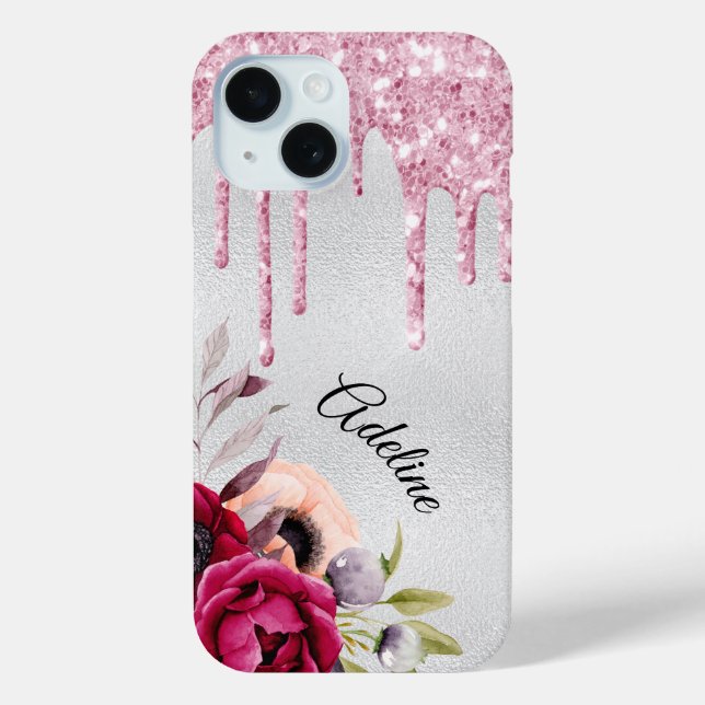 Silver pink glitter flowers name  Case-Mate iPhone case (Back)