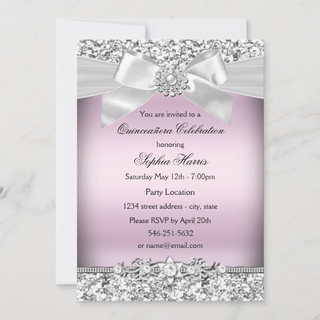 Silver Pink Glitter & Jewel Bow Quinceanera Invitation (Front)