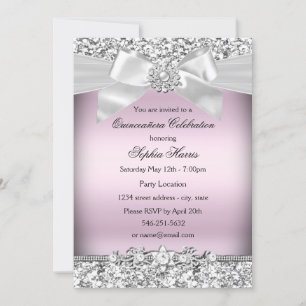 Silver Pink Glitter & Jewel Bow Quinceanera Invitation