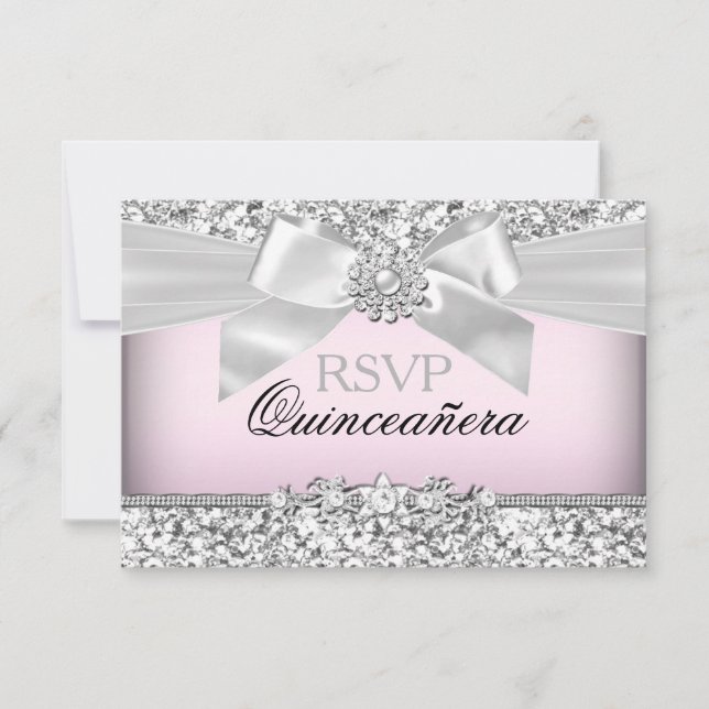 Silver Pink Glitter & Jewel Bow Quinceanera RSVP (Front)