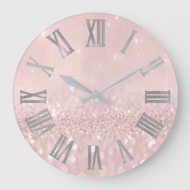 Silver Pink Glitter Minimal Metallic Roman Numers Large Clock (Front)