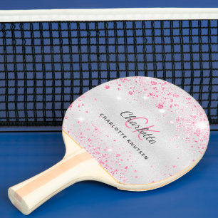 Silver pink glitter monogram name girl ping pong paddle