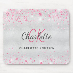 Silver pink glitter monogram name metallic mouse pad
