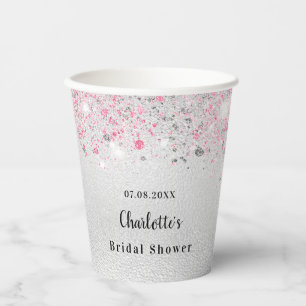 Silver pink glitter name bridal shower paper cups