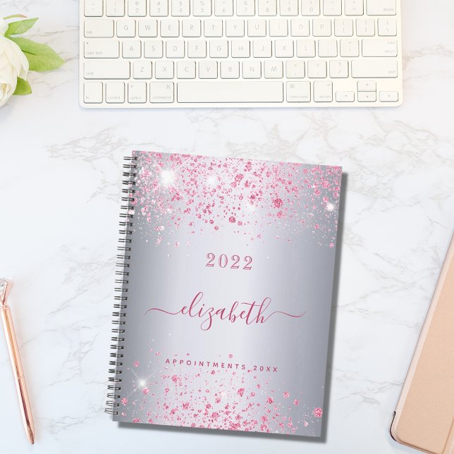 Silver pink glitter name monogram script 2026 planner (Creator Uploaded)