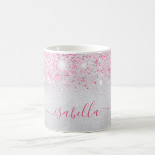 Silver pink glitter name script glamourous coffee mug