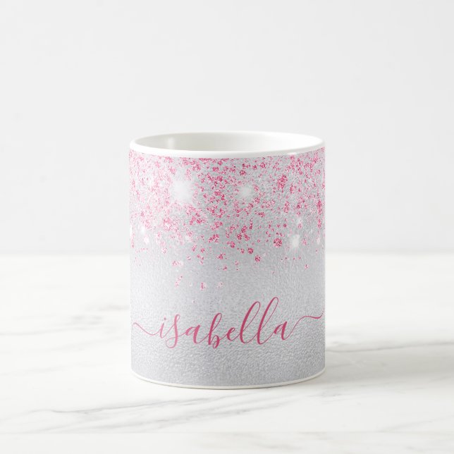Silver pink glitter name script glamourous coffee mug (Center)