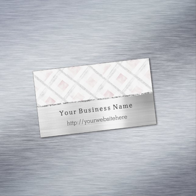 Silver Pink Glitzy Stripes Business name website Magnetic Business Card (In Situ)