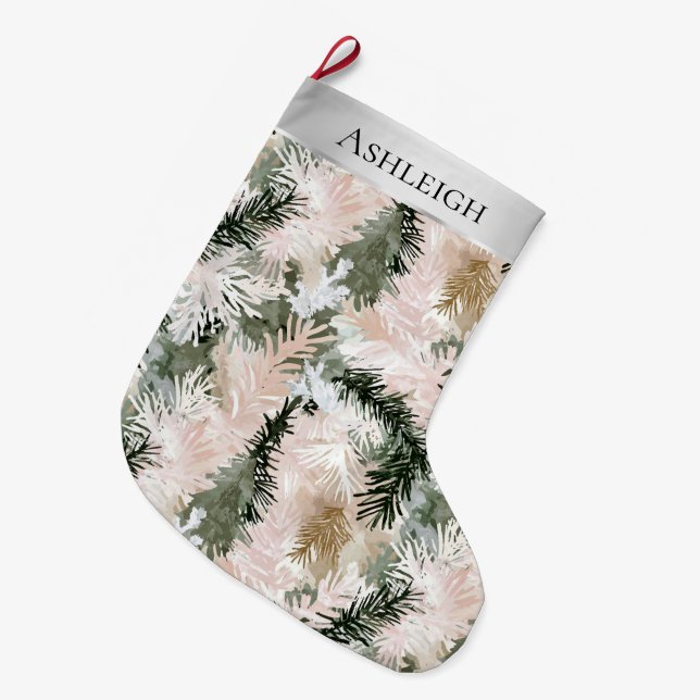 Silver Pink Green Christmas Tree Branches Large Christmas Stocking (Front (Hanging))