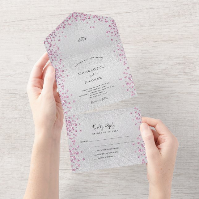 Silver pink hearts elegant wedding all in one invitation (Tearaway)