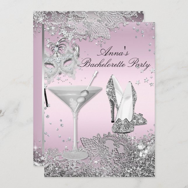 Silver Pink Mask & Jewel Lace Bachelorette Party Invitation (Front/Back)