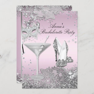 Silver Pink Mask & Jewel Lace Bachelorette Party Invitation
