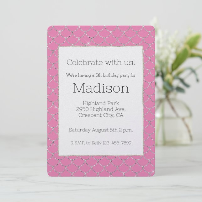 Silver Pink Mermaid Birthday Invitation (Standing Front)