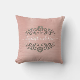 Silver Pink Monogram Name Script Throw Pillow