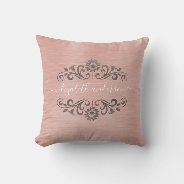 Silver Pink Monogram Name Script Throw Pillow (Front)