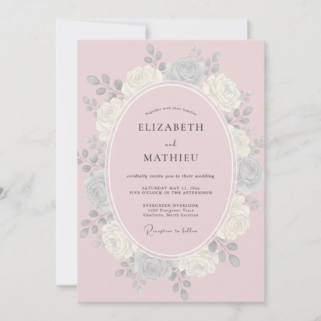 Silver Pink Petal Wedding Invitation (Front)