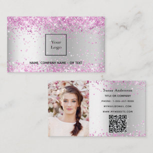 Silver pink photo QR code beauty salon Business Card