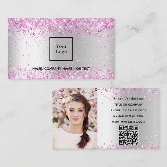 Silver pink photo QR code beauty salon Business Card (Front/Back)